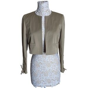NWT Paule Ka Collarless Lace Up Sleeve Cropped Jacket in Beige size 4